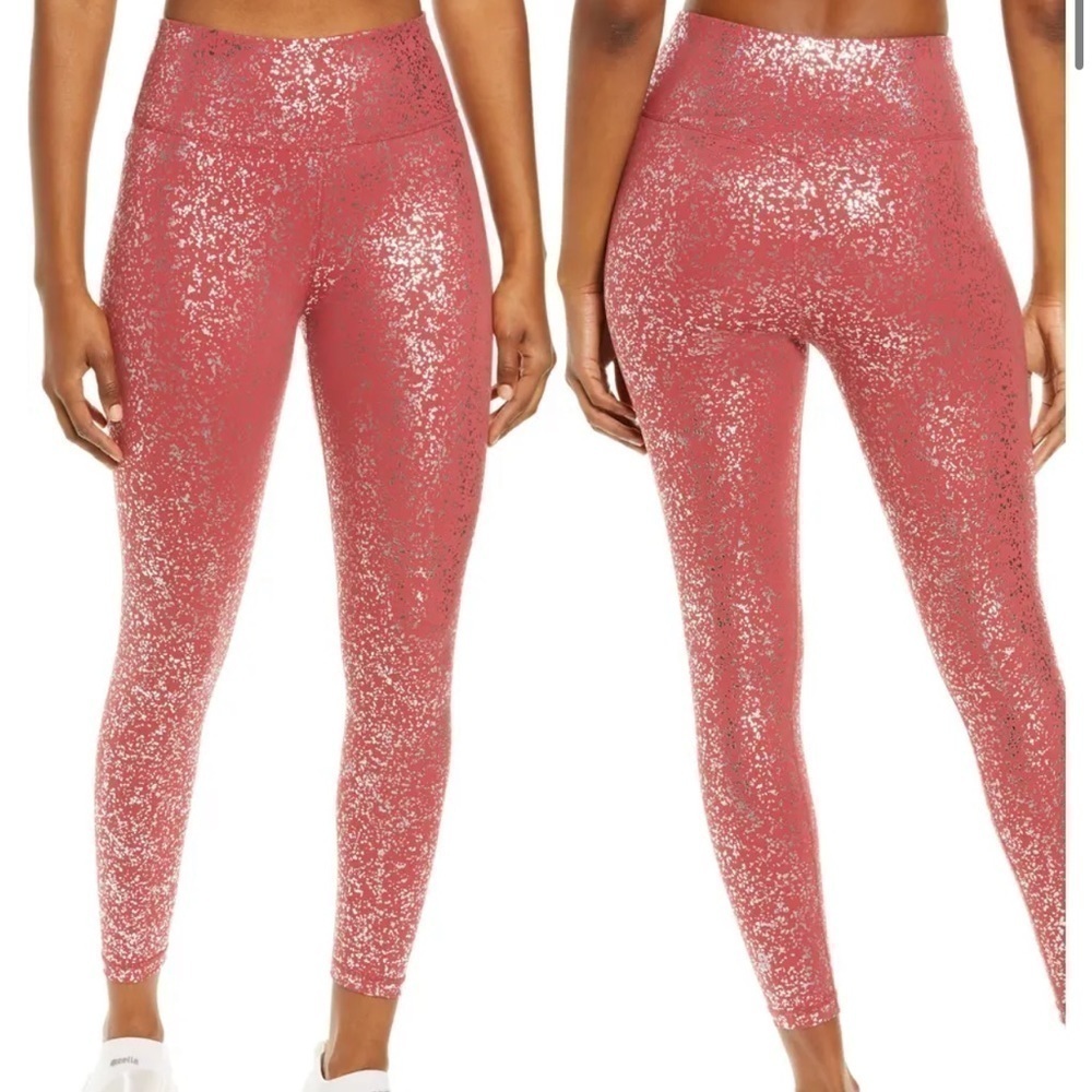 SWEATY BETTY Goddess 7/8 Leggings Red Terrazzo Foil Print Large New with tags!